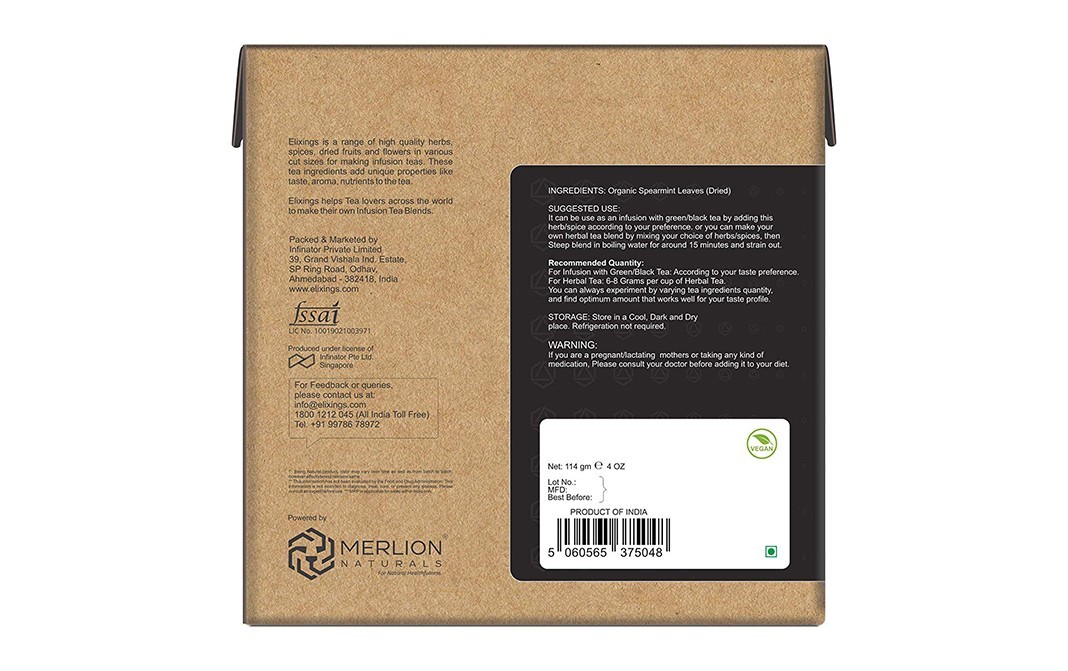 Elixings Organic Spearmint Mentha Spicata Loose Leaf Cut   Box  114 grams